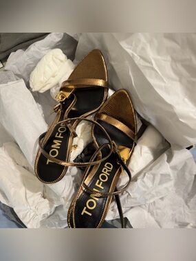 TOM FORD
Metallic Lizard-Print Lock High-Heel Sandals